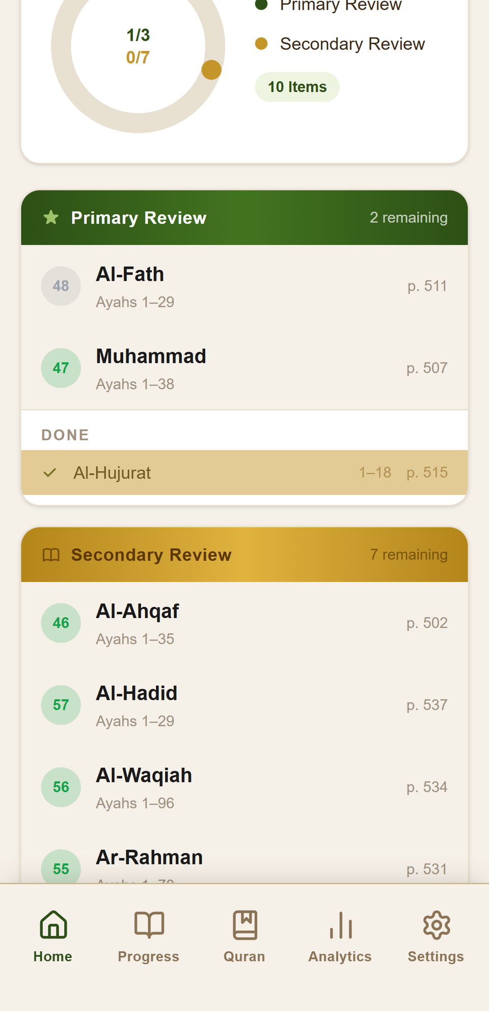 The review list with several items checked off and moved to a Done section