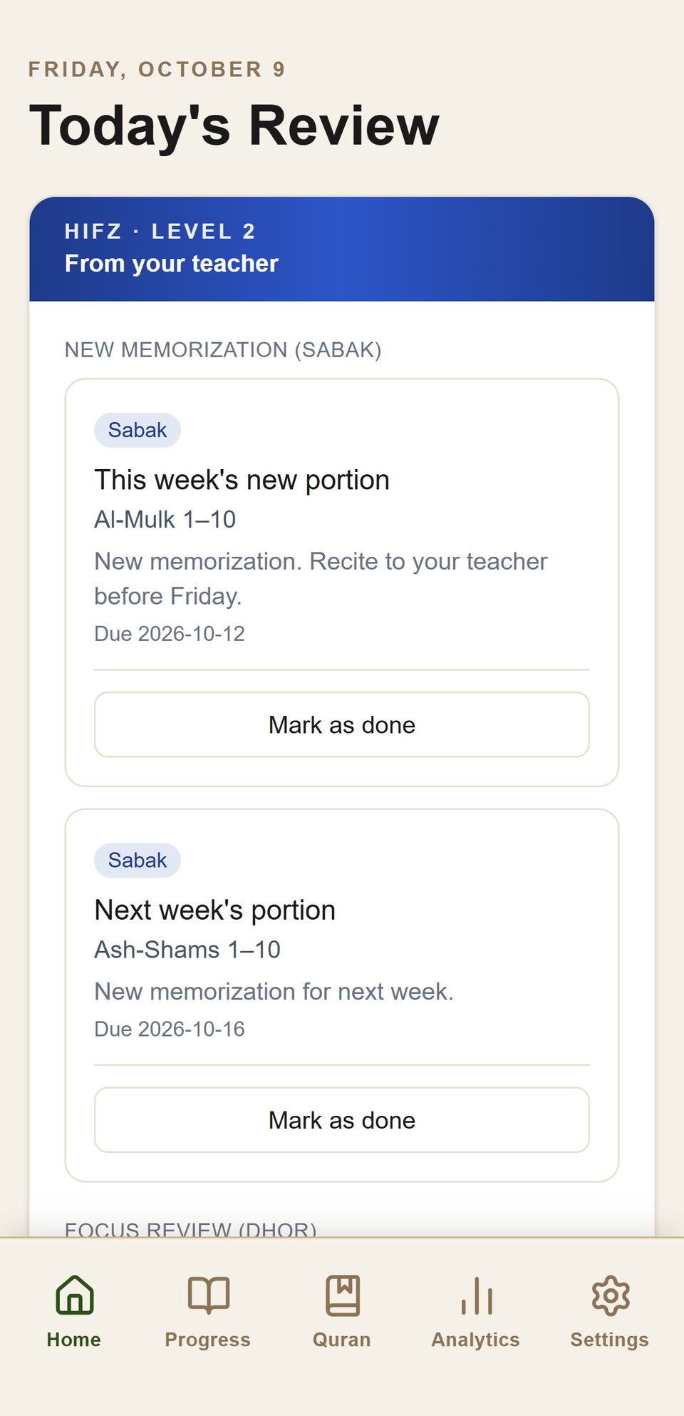 A student's home screen with a From your teacher panel of Sabak assignments above their own review